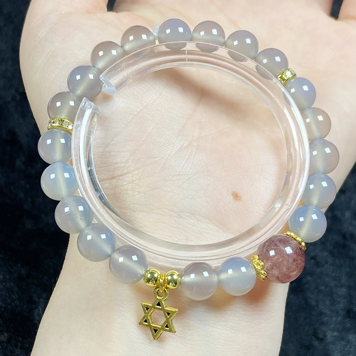 Natural Grey Agate With Strawberry Quartz Crystal Bracelet Reiki Healing Energy Couple Jewel Bracelet Gift