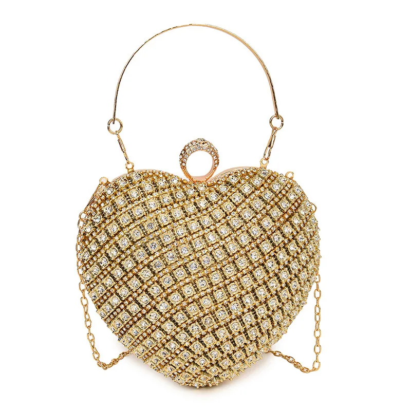 Luxury Diamond Inlay Heart Shape Crystal Clutch Purse Stones Evening Wedding Party Shoulder Bag Handle Rhinestone Mini Handbags