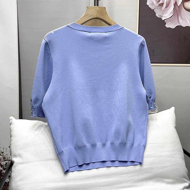 Summer New Beading Embroidery Puff Sleeve Sweater Fashion Women Knitted Pullover Slim Fit Short Knitwear Y2K Casual Jumpers