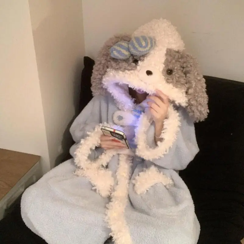 

Kawaii халат с героями мультфильмов для девочек, весенне-осенние пижамы, одежда для сна на флисовой подкладке, домашняя одежда из кораллового флиса с капюшоном, новая утепленная женская ночная рубашка