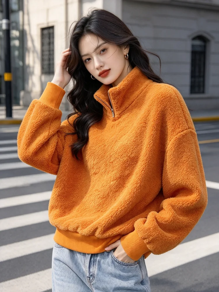 Women Fleece Sweatshirt Quarter Zip Stand Collar Teddy Sherpa Pullover Long Sleeve Drop Shoulder Loose Cropped Top Casual Daily