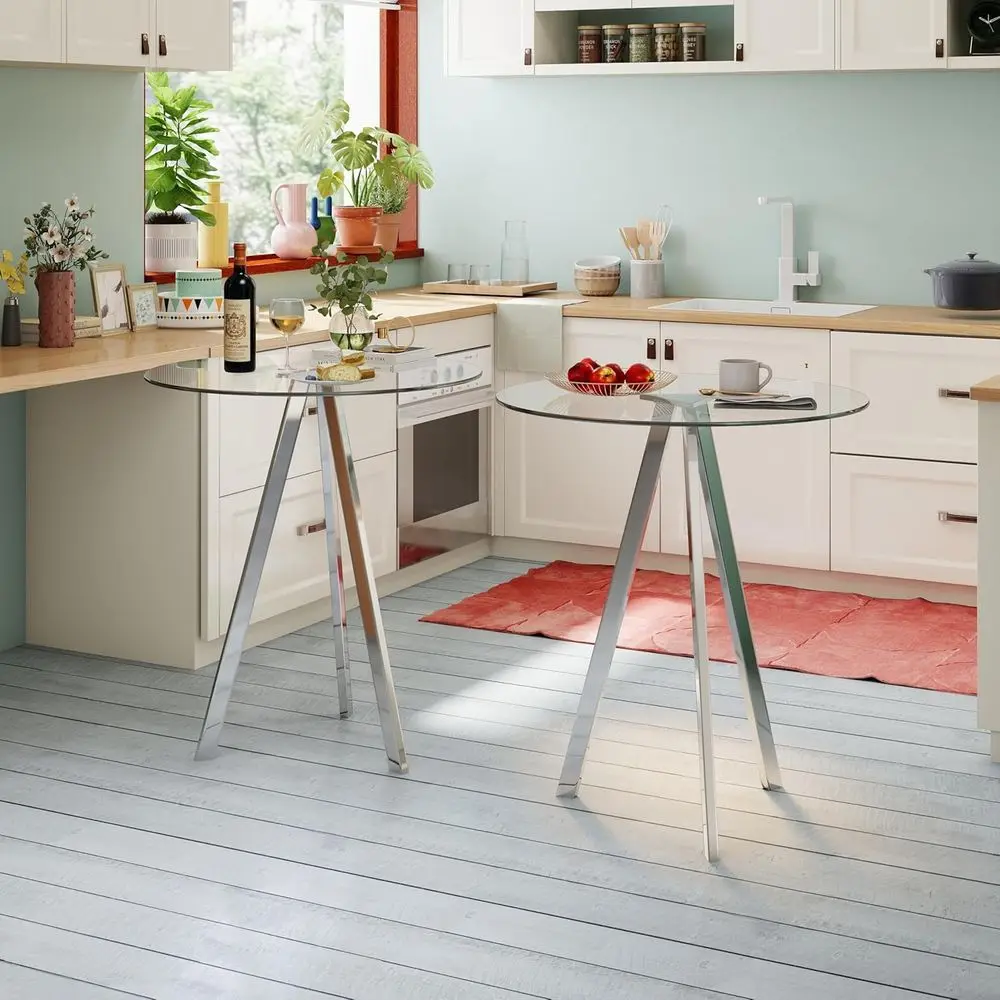 

Комплект из 2 круглых барных столов: 37,4 дюйма высокие барные столы и 31,5 дюйма маленькие коктейльные столы с серебристым металлическим основанием и стеклянной столешницей для небольших помещений, бистро