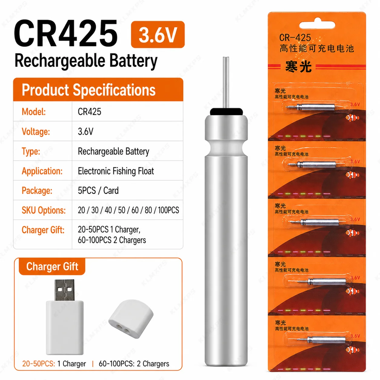 CR425 Rechargeable Fishing Float Battery 3V Electronic Float Battery for Night Fishing Float 20-100PCS with Free Charger