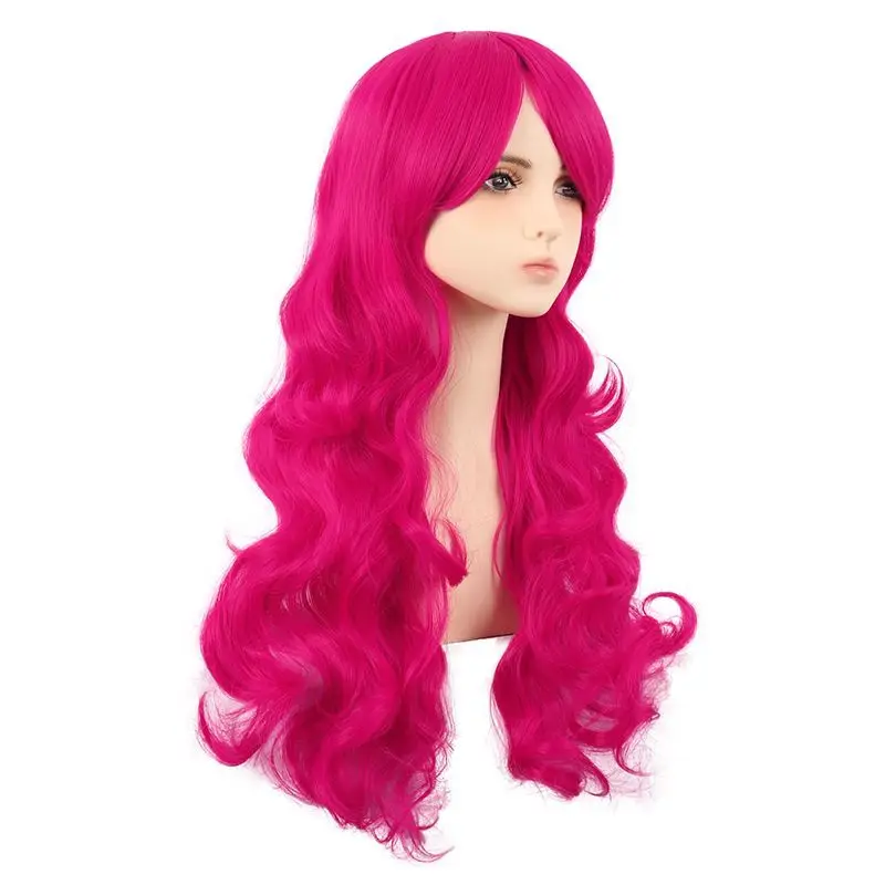 تونغمان كوس شعر مستعار طويل للنساء أنيمي موجات كبيرة طويل مجعد الشعر 70CMRose الأحمر الجانب الانفجارات شعر مستعار