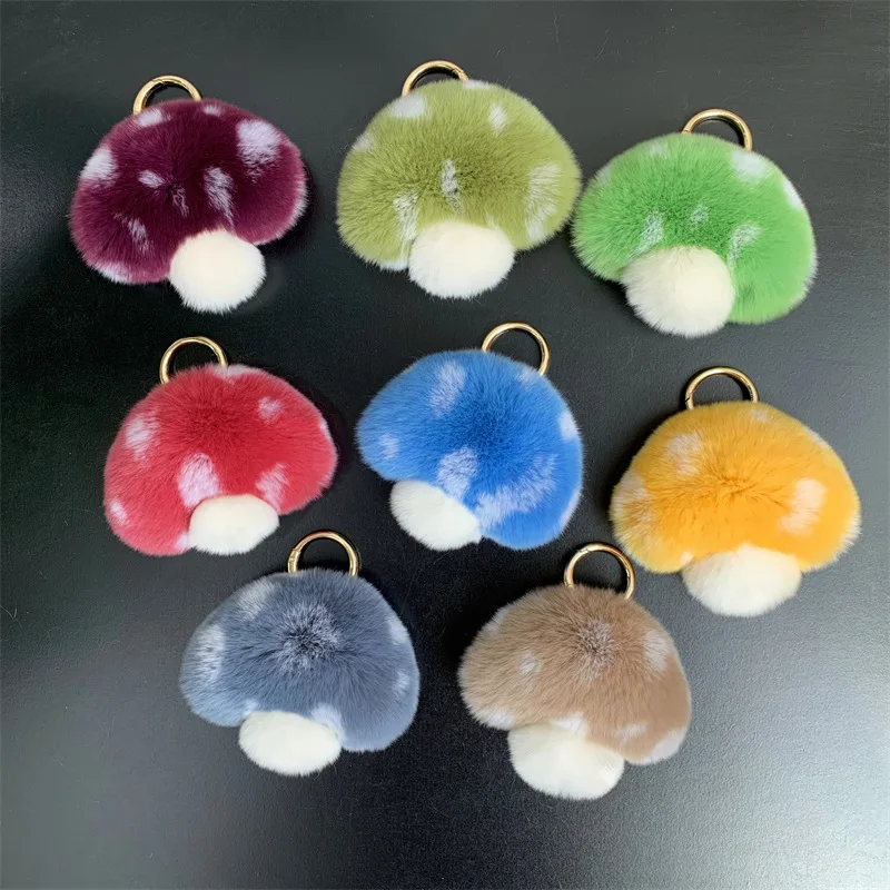 

Real Rex Rabbit Fur Cute Mushroom Key Chains Girls Schoolbag Toy Pendant Plush Ball Women Bag Charm Ornaments Car Keyring Gift