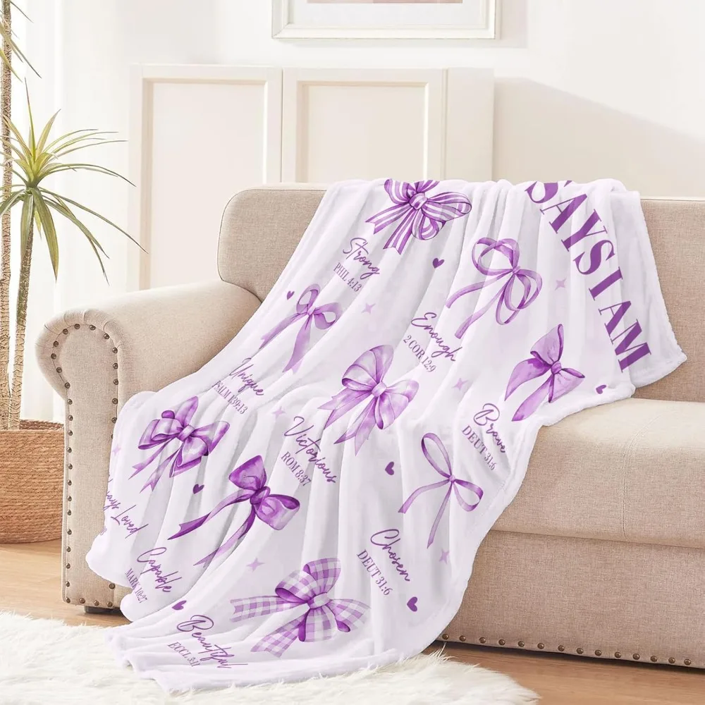 God Says I Am Blanket - Inspirational Religious Catholic Spiritual Gifts & Baptism Gifts for Girl Purple Bow Bible Verse Blanket