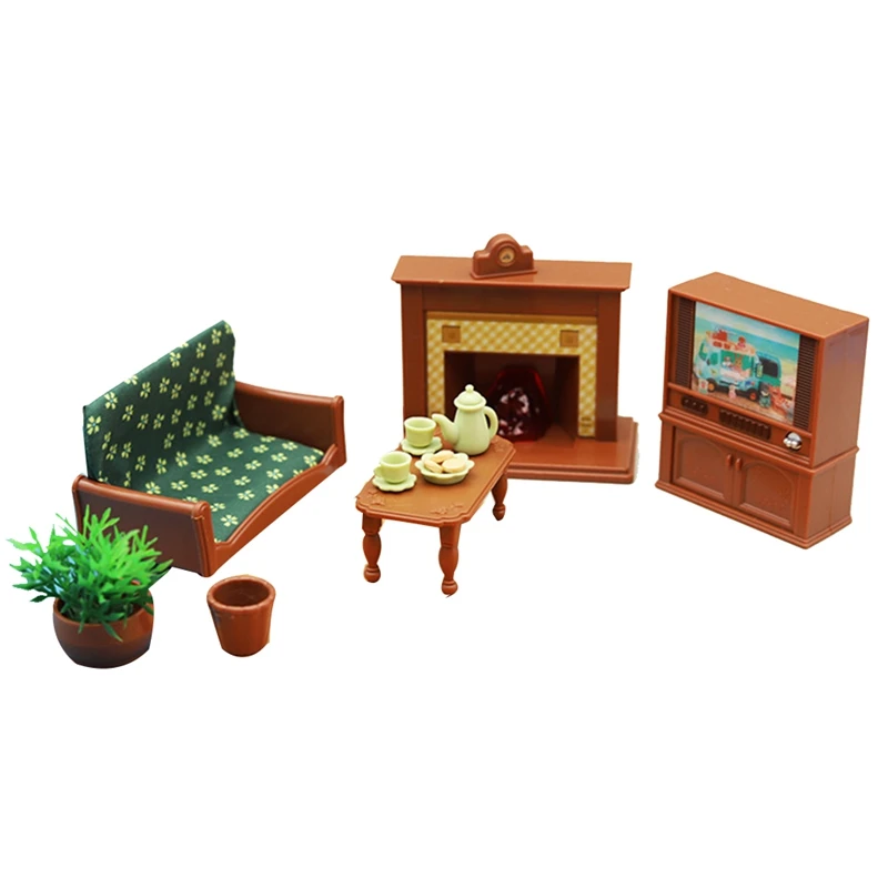 Simulation Mini Living Room Sofa Tv Set Decoration Dollhouse Teapot Teacup Snack Cookies Children Play House Toys