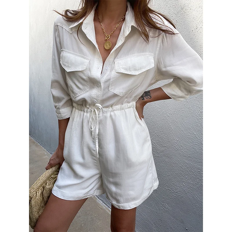 SheonDHF ins blogger style: white loose high waist thin short sleeve Jumpsuit women's Work Shorts Set (summer)