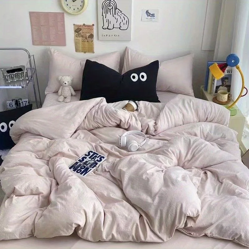 

Ins Solid Color Bedding Set Duvet Cover Soft Queen Full Size Flat Bed Sheet Quilt Cover Big Eyes Pillowcase Kawaii Bedspread