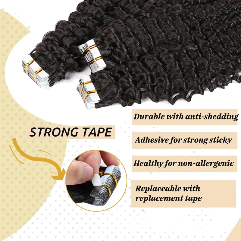 Deep Wave Tape In Hair Extensions Natural Color 100% Human Hair Deep Curly Tape In Remy Hair Hair Extensions Invisble Skin Weft