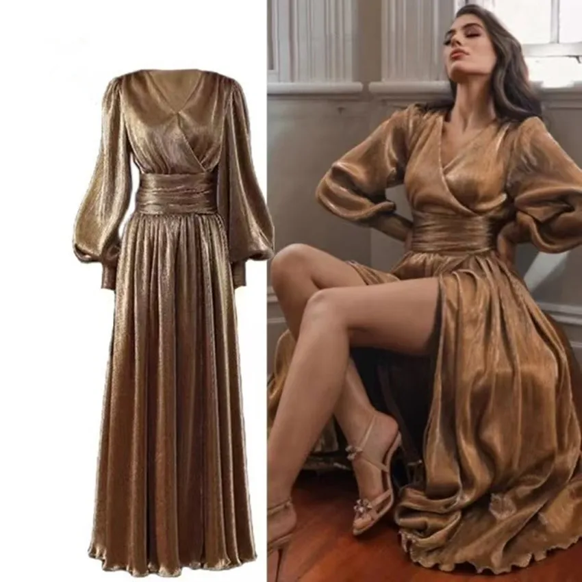 Vestido largo de fiesta de noche dorado de otoño de alta calidad nuevo elegante Sexy cuello en V profundo manga acampanada ajustado Vestido de fiesta de graduación