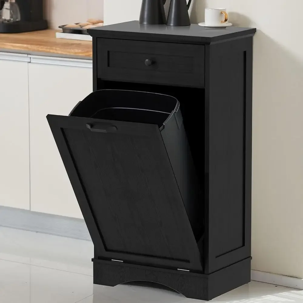 

13 Gallon Kitchen Trash Cabinet with Recessed Door and Pet Proof Trash Can Holder, Black