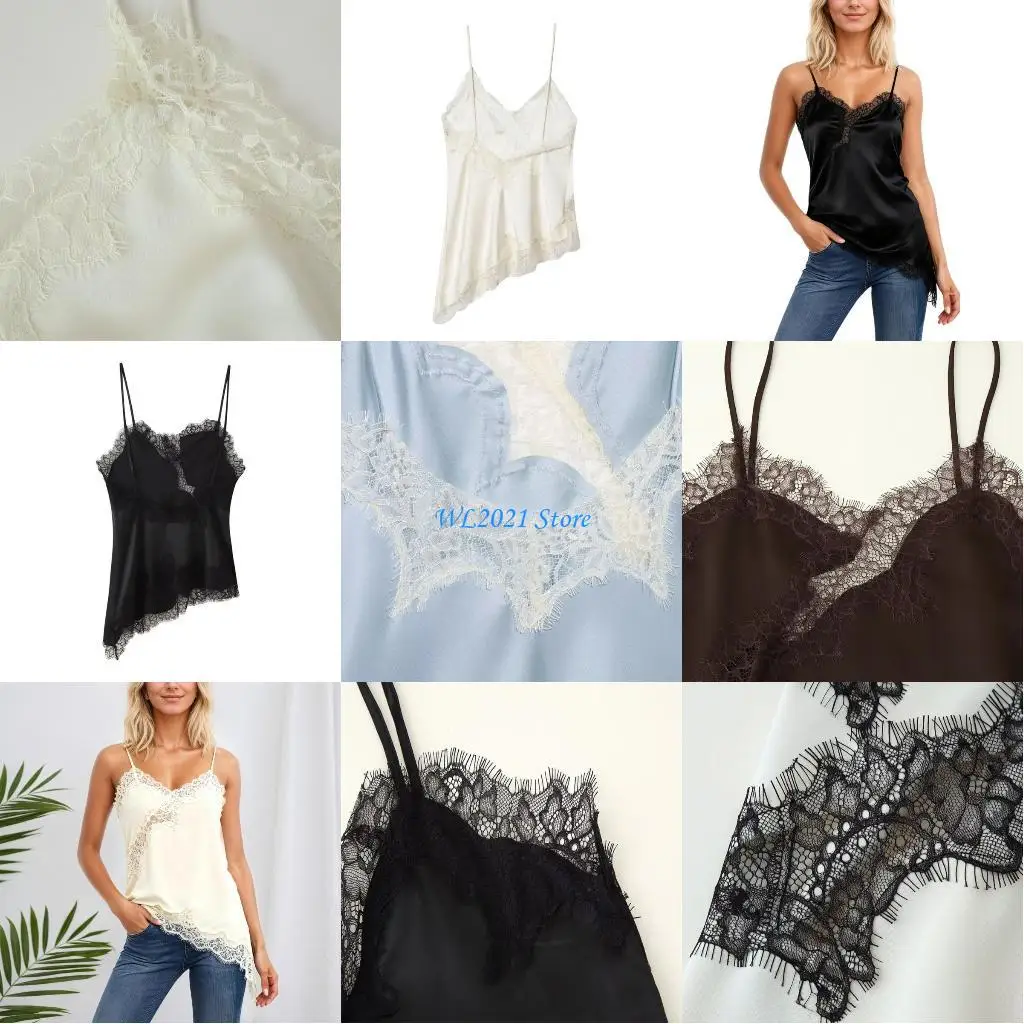 

G5GC Comfortable Women's Loose Fit Sleeveless Tops V Neck Lace Accent Durable Polyester Fabric for Everyday Use Styling