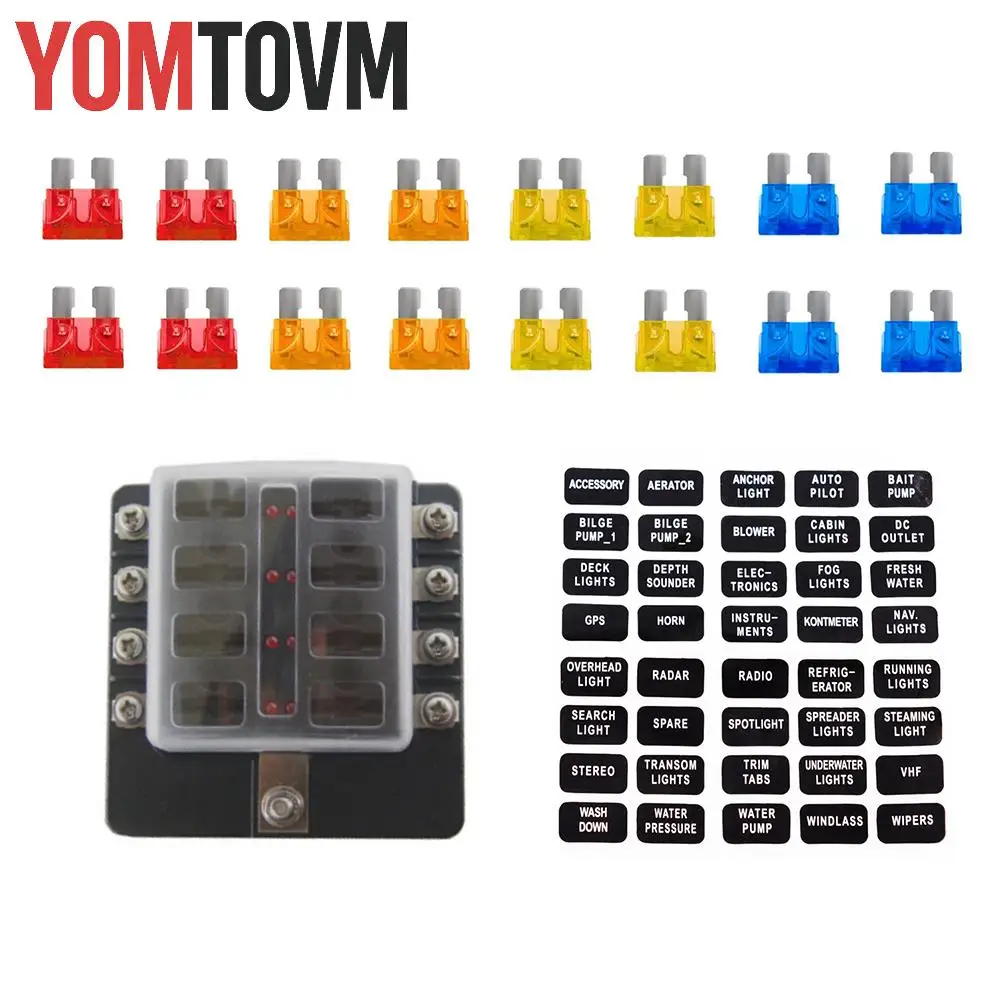 

8-контактный автомобильный держатель блока предохранителей A 10A 15A 20A со светодиодным индикатором водонепроницаемый для лодок Marine 12V-32V