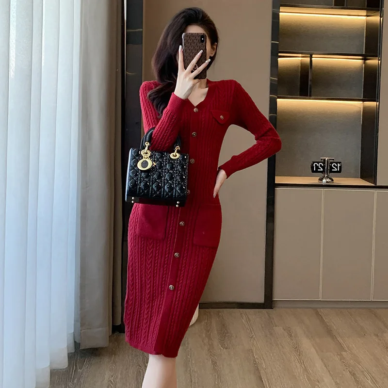 Over The Knee Temperament Bottom Knitted Dress Female 2024 Autumn and Winter Elegant Chanel Style Wrap Hip Sweater Dress LJ697