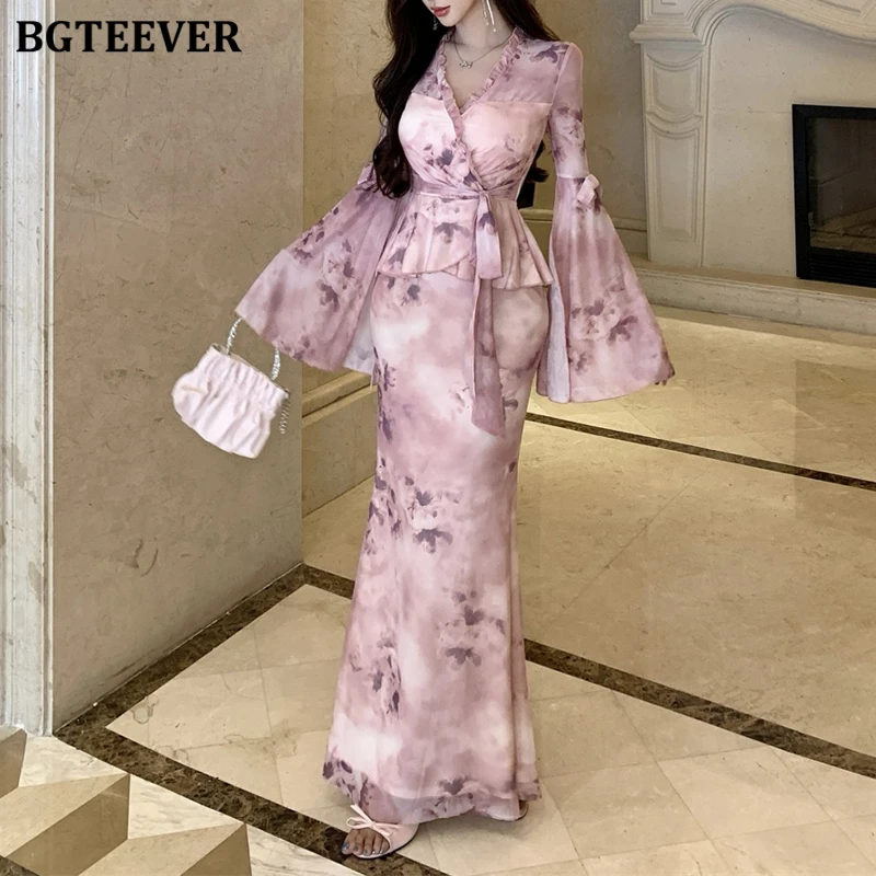BGTEEVER Elegant Slim Ladies 2 Pieces Floral Skirt Set Long Sleeve V-neck Lace-up Pullovers & Package Hip Skirts Women Outfits