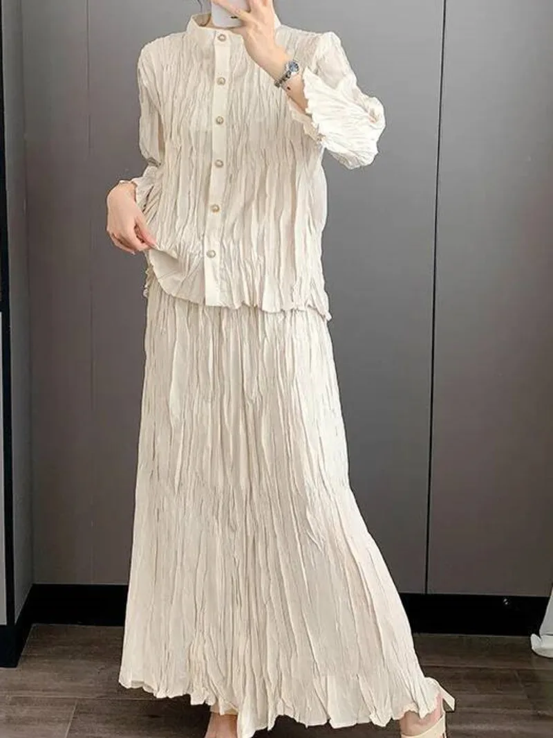 

Women's Niche Pleated Two Pieces Set Stand Collar Single Breasted Long Sleeve Shirt And Elastic High Waist Skirt 2OK1X