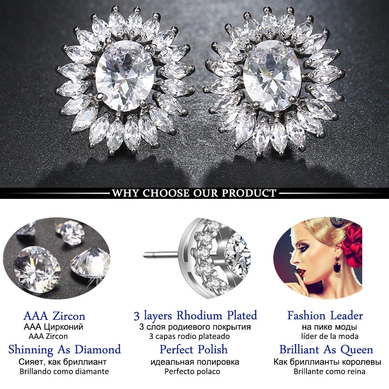 LXOEN Fashion Round Zircon Women Stud Earrings With Silver Color Studs Ear Girl Druzy Earrings Jewelry brinco Gift bijoux