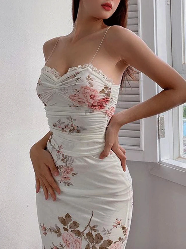 2024 Summer Women Fine Shoulder Strap Printed Mid length Dress Sleeveless Flower Slim Fit Dress Lace Spliced Elegant Party Dress