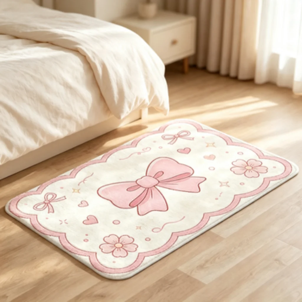 Cream Pink Bow Flower Mat, Watercolor Tulip Ins Mat, Black Smiley Star Washable Mat, Cute Cat Cream Door Mat.