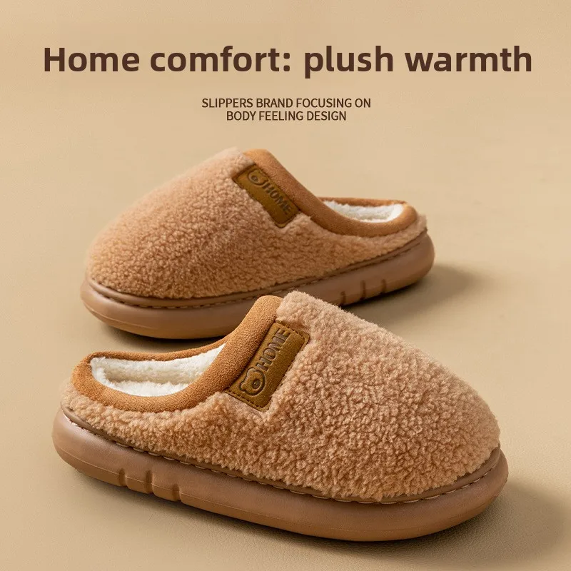 Winter Women Home Slippers Thick Sole Warm Fleece Non‑Slip Indoor Floor Shoes for Ladies Men Household Wear
