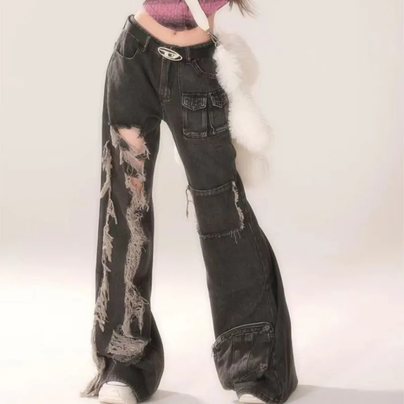High Waist Jeans Women Wide Leg Denim Pants Ripped Frayed Baggy Cargo Style Vintage Streetwear Y2K Trousers