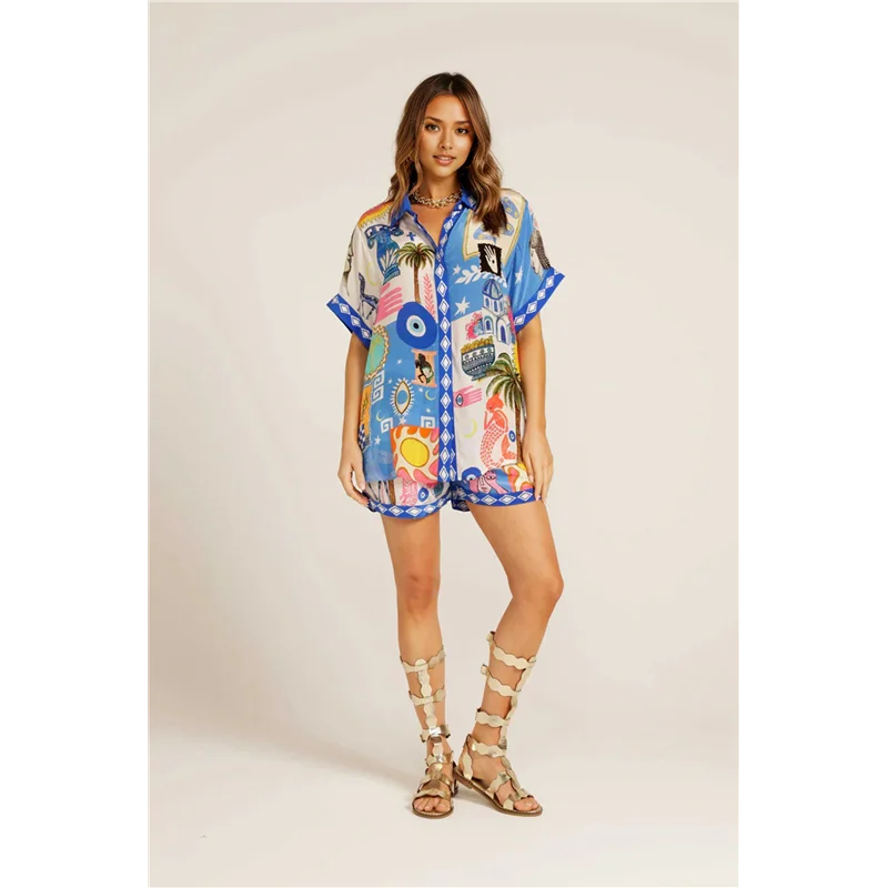 ABRT - Damskie 2-częściowe zestawy: codzienna koszula zapinana na guziki w kwiaty i szorty ze sznurkiem, letni komplet