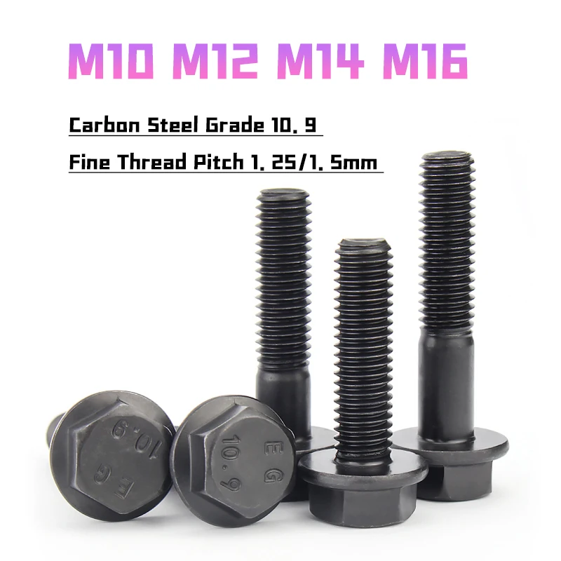 M10 M12 M14 M16 Grade 10.9 Black Carbon Steel Outer Hexagon Flange Bolt Flange Cap Screw Bolt Fastener Thread Pitch 1.25/1.5mm