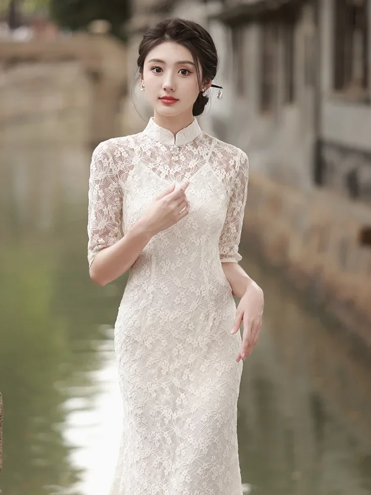 Cheongsam Dress Women's Slim Plus Size 2024 Spring Lace Hollow Splicing Stand Collar Chinese Style Qipao Fishtail Dresses Woman