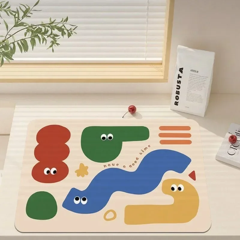 Cartoon Animal Diatomaceous Earth Kitchen Mat Absorbent Quick-Drying Heat-Resistant Non-Slip Dish Drying Pad for Countertop Sink