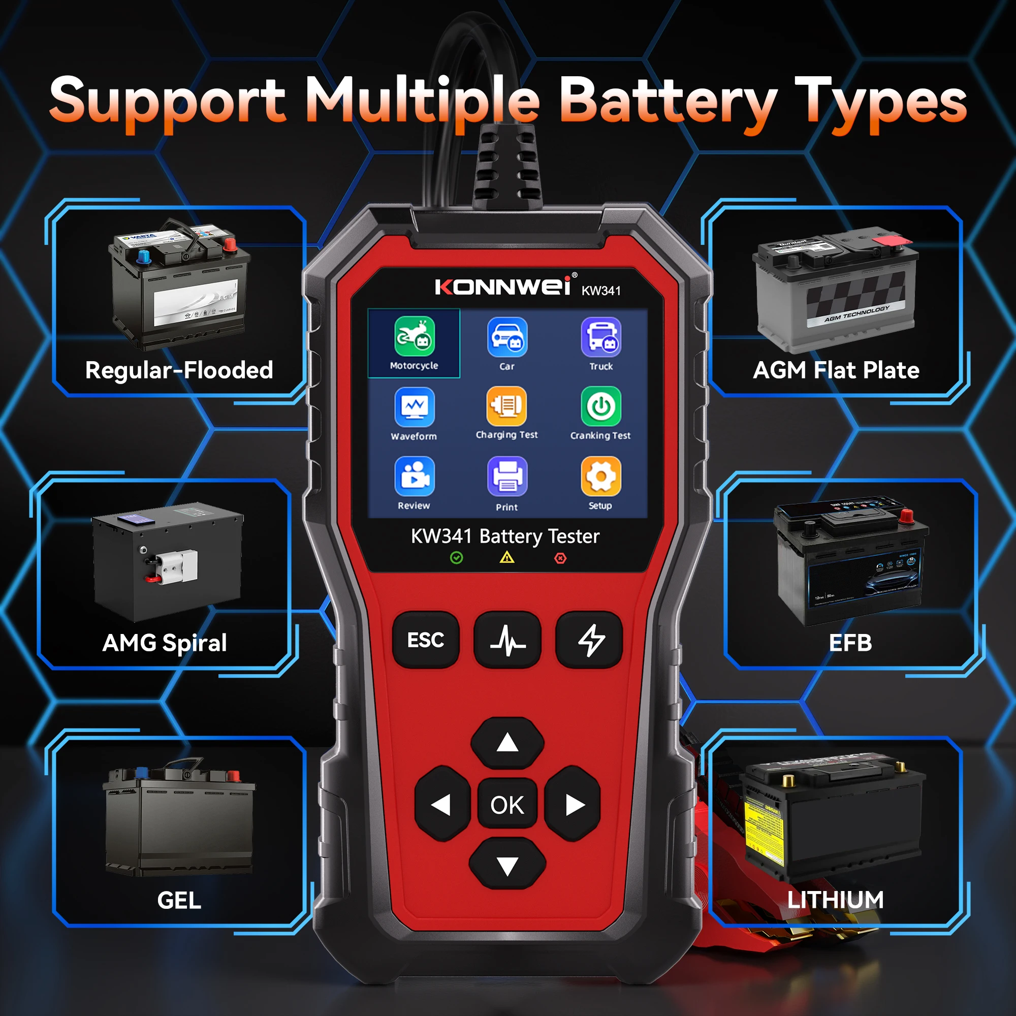KONNWEI KW341 autó- és motorkerékpár-akkumulátor-teszter 6V, 12V, 24V, hibaadatok nyomtatása, indítófeszültség-teszt, autó akkumulátorának töltése, szkennelési eszköz