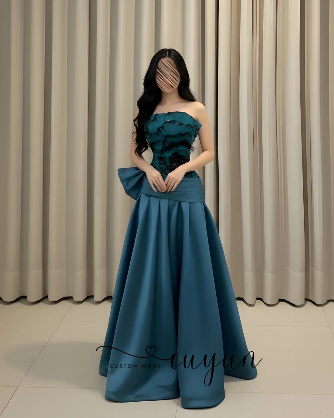 Cuyun personalizado saudita vestidos de baile sem alças floral renda até o chão vestido de festa uma linha cerceta arco drapeado vestido de noite