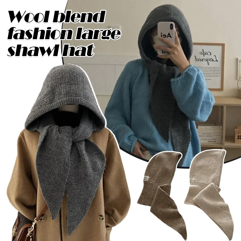 Winterwarme Woll-Strickmütze mit Falschem Schalkragen, Kapuzenpullover und Einteiligem Nackenwärmer für den Außeneinsatz bei Kälte – Detail 2