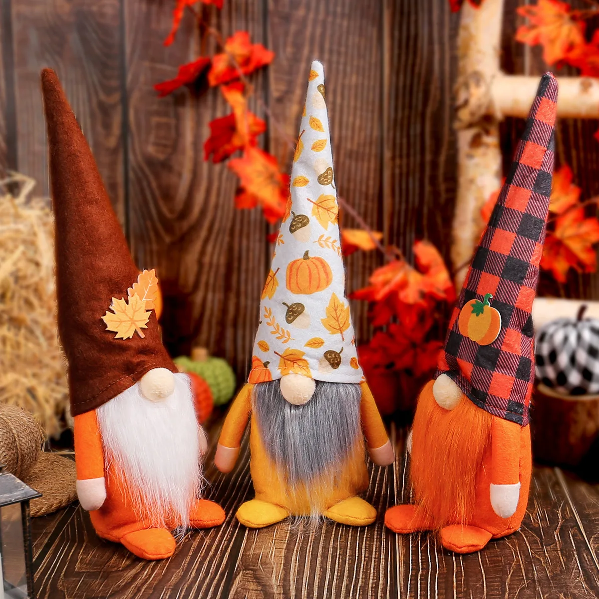 Harvest Festival Thanksgiving Faceless Old Man Rudolph Standing Figure Maple Plaid Pumpkin Hat Doll Long Beard Plush Decoration