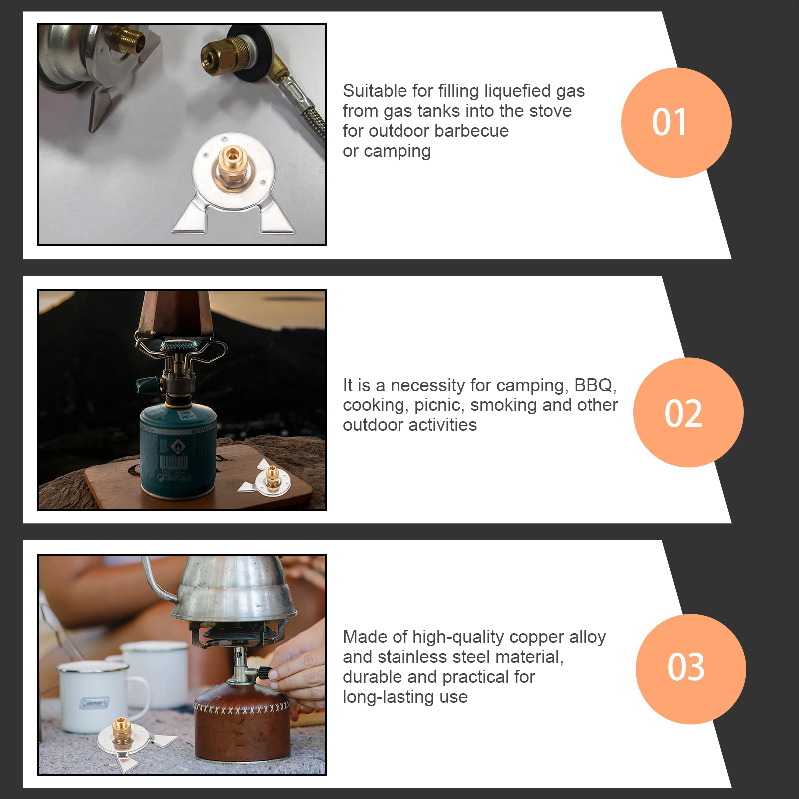 

Portable Gas Tank Connector Copper Alloy Stainless Steel BBQ Camping Supplies Propane Adapter Burner Head Converter Outdoor