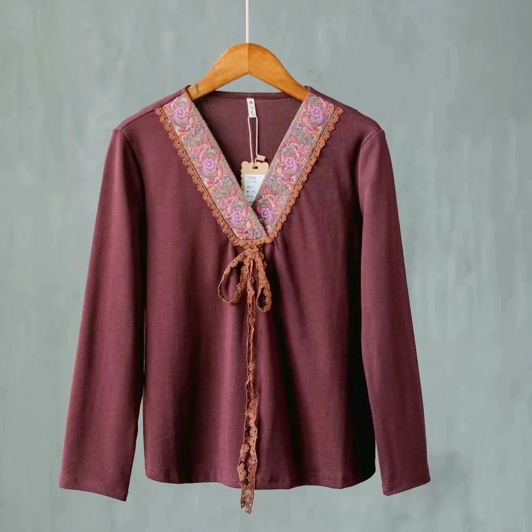 Women's tee shirt Vintage embroidery V-neck Long Sleeve T-shirt Autumn top elastic force female clothes