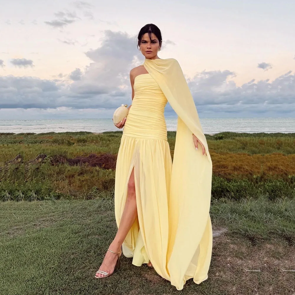 

Msikoods Yellow Prom Dress 2025 Elegant High Slit Pleated Formal Dress Cape Chiffon Women's Evening Gown Party Dress Customized