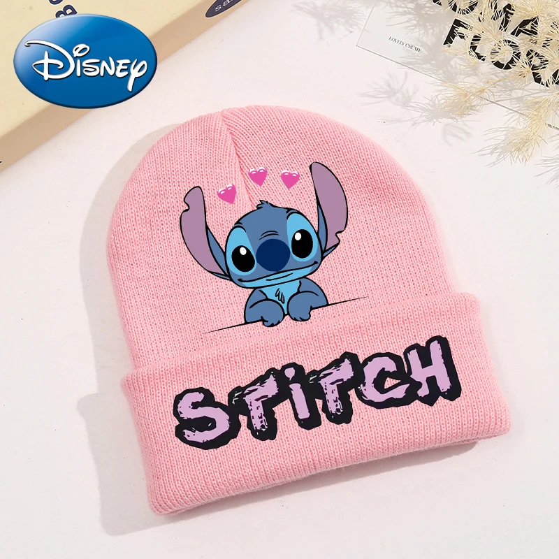 New Stitch Disney Baby Hat Knitted Hats Kawaii Cartoon Printed Cap Cute Girls Warm Beanie Cap Autumn Winter Children Clothing