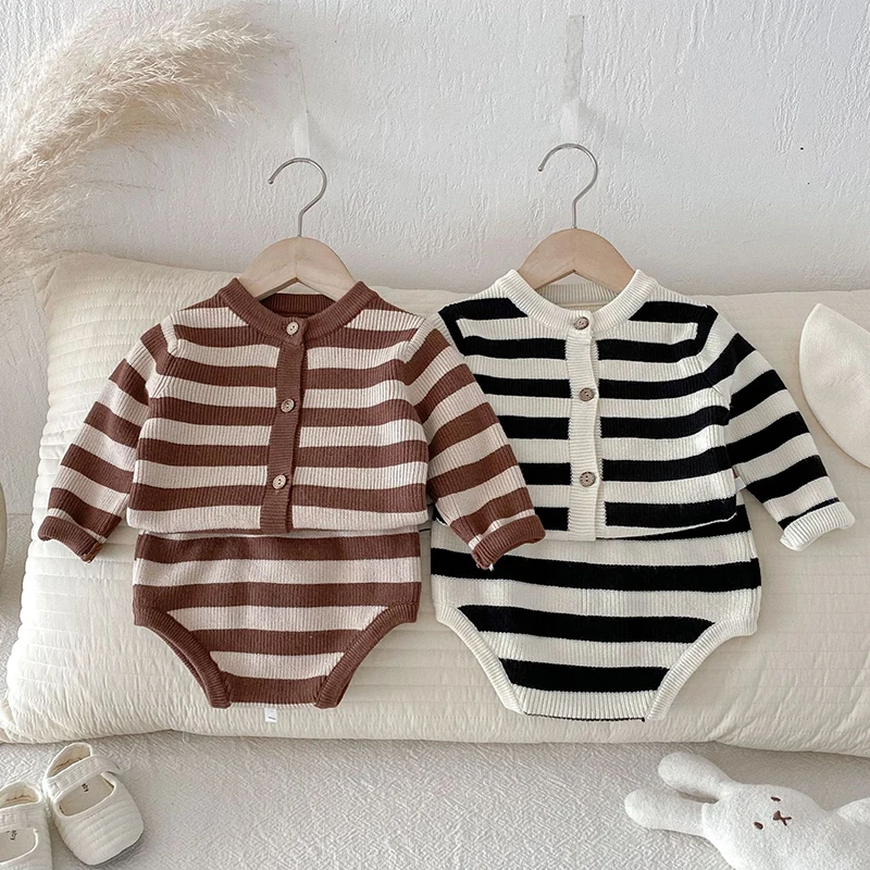 

2025 New Autumn Toddler Baby Girl Boys Clothes Set Long Sleeved Knitted Striped Cardigan+PP Shorts 0-24M Children Clothes Suit