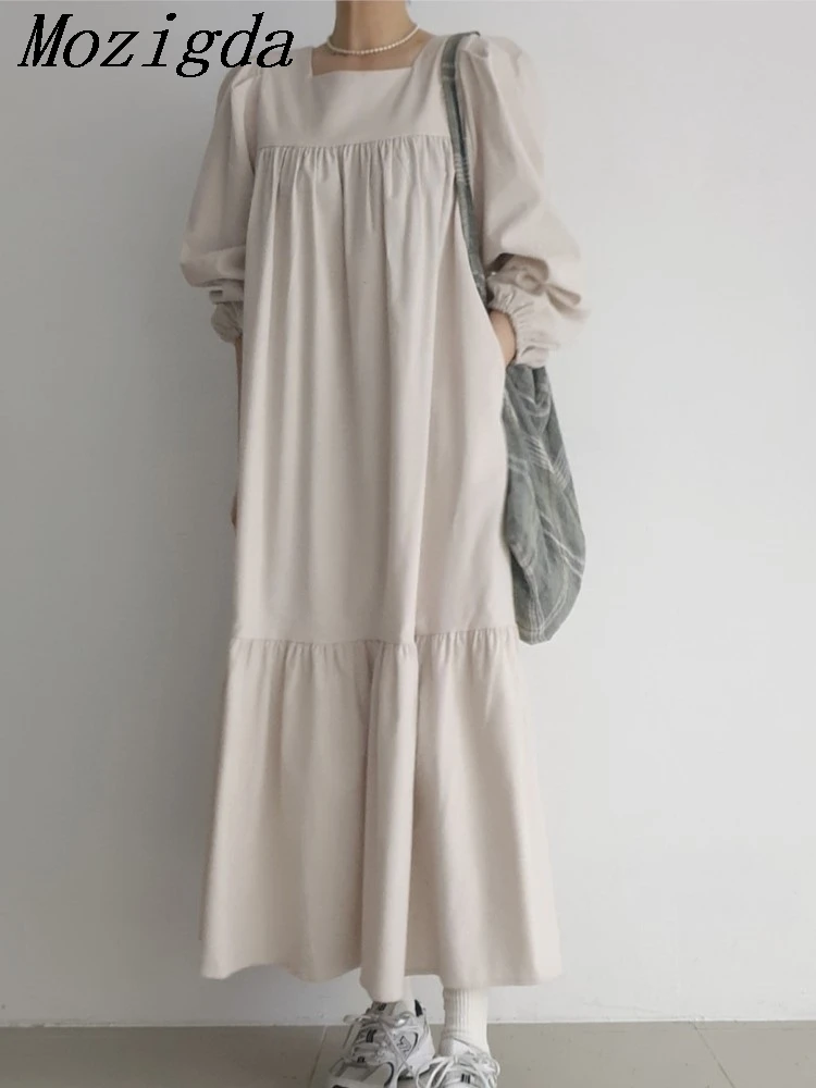 

Autumn Oversize Pleated Dress Women Koran Elegant Vintage Loose Ladies Dresses Long Sleeve Chic Dress Women Vestidos
