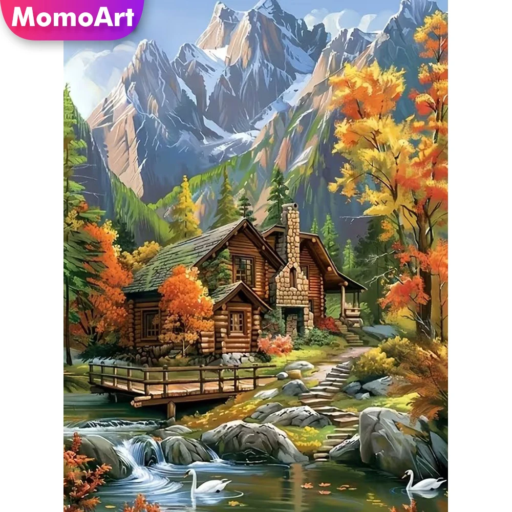 Momoart Haus-Diamantmosaik Landschaftsbild Strass-Gemälde Fluss Acryl-Bastelbedarf Stickerei Berg Wandkunst