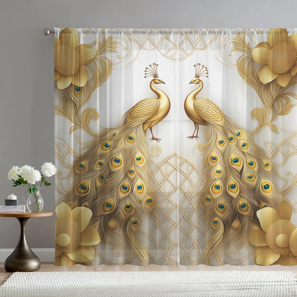 

2PCS Home decoration golden peacock print window screens with pole bags, suitable for kitchens, cafes, and living rooms