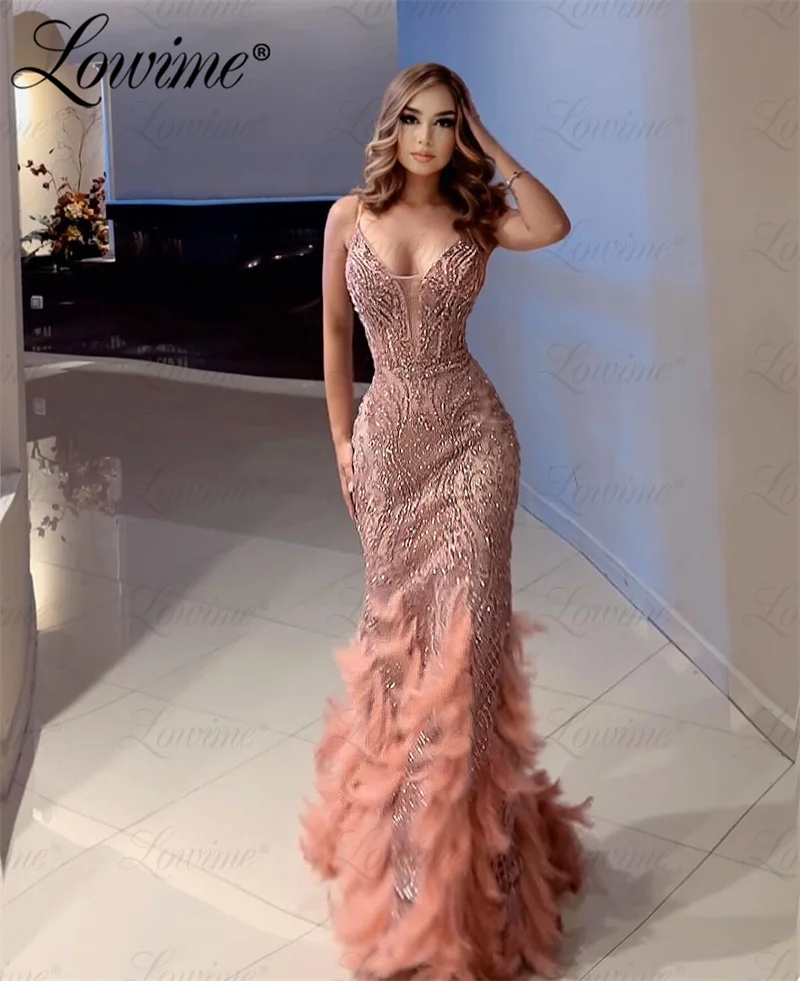 Glitter Feathers Mermaid Prom Dresses Spaghetti Long Celebrity Dress 2025 Customized Birthday Engagement Party Evening Gowns