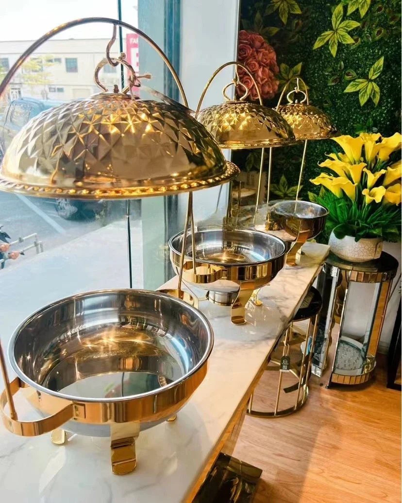 Luxury Golden Round Buffet  Food Warmer Stainless steel Wedding Commercial Equipment Chafing dish Hotel Serving Chefing dish