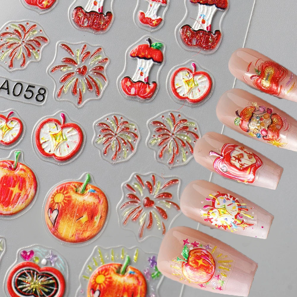 1 Vel 5D Reliëf Bite Apple Vuurwerk Apple Core Nail Sticker Kleurrijke Glitter Apple Nail Slider DIY Rode manicure Decal