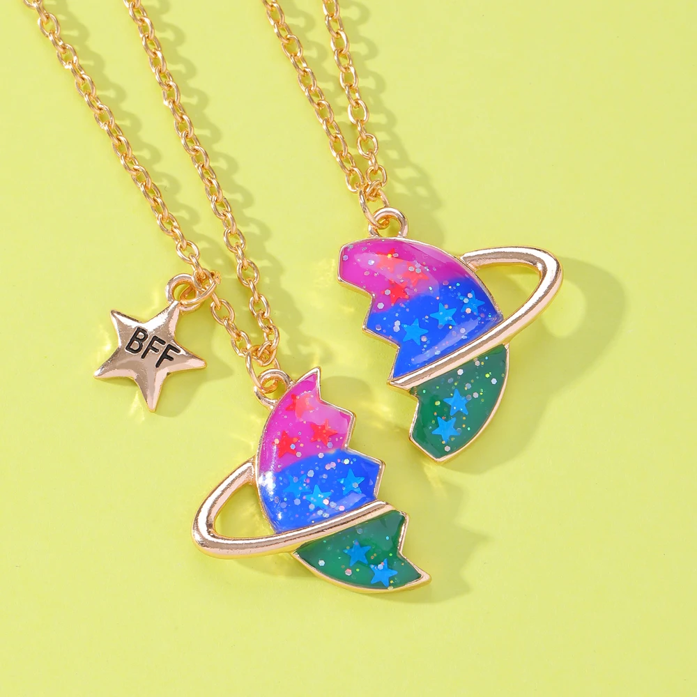 2 Pcs Glitter Enamel BFF Charm Necklace Set Matching Earth Best Friends Pendant Chain For Girls Soul Mate Space Friendship Gift