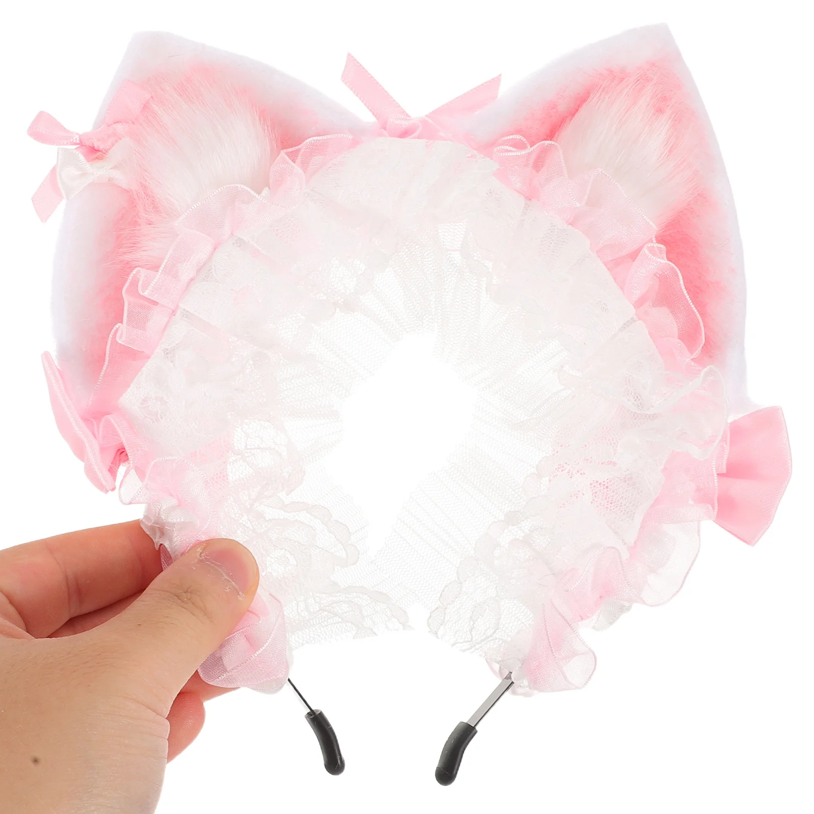 Handmade Pink Lace Cat Ears Headband Elegant Lolita Maid Hair Band Cosplay Party Headgear Cute Costume Accessory Women Girls