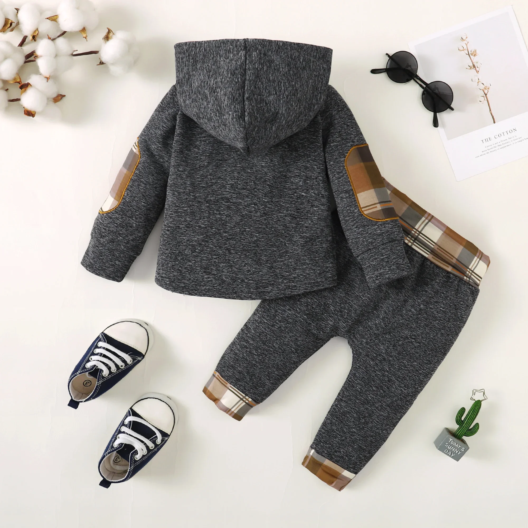 Winter Toddler  Boy    hoodie Clothes  Baby  Outfits, Little Boys Plaid  Spliced  Long-sleeved  With  Pants  2PCS  Clothing  Set