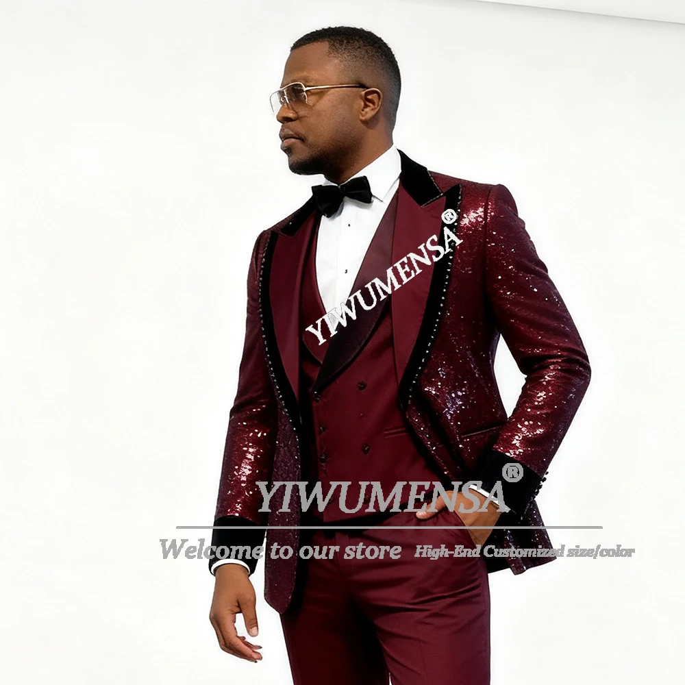 

Мужской костюм уникального дизайна, наряд для свадьбы, комплект из 3 предметов, блестящие блейзеры для выпускного вечера с блестками, мужские смокинги на заказ, наряды для официальных вечеринок