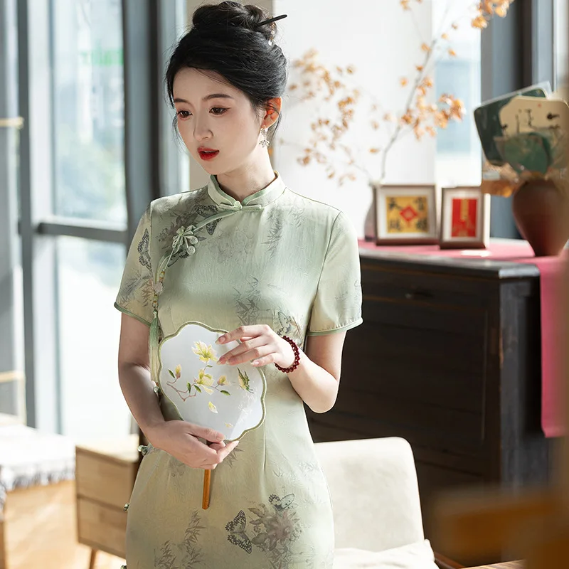 Yourqipao Summer Elegant Imitation Acetic Acid Double-layer Cheongsam Chinese Evening Dress Stand Collar Daily Qipao for Women